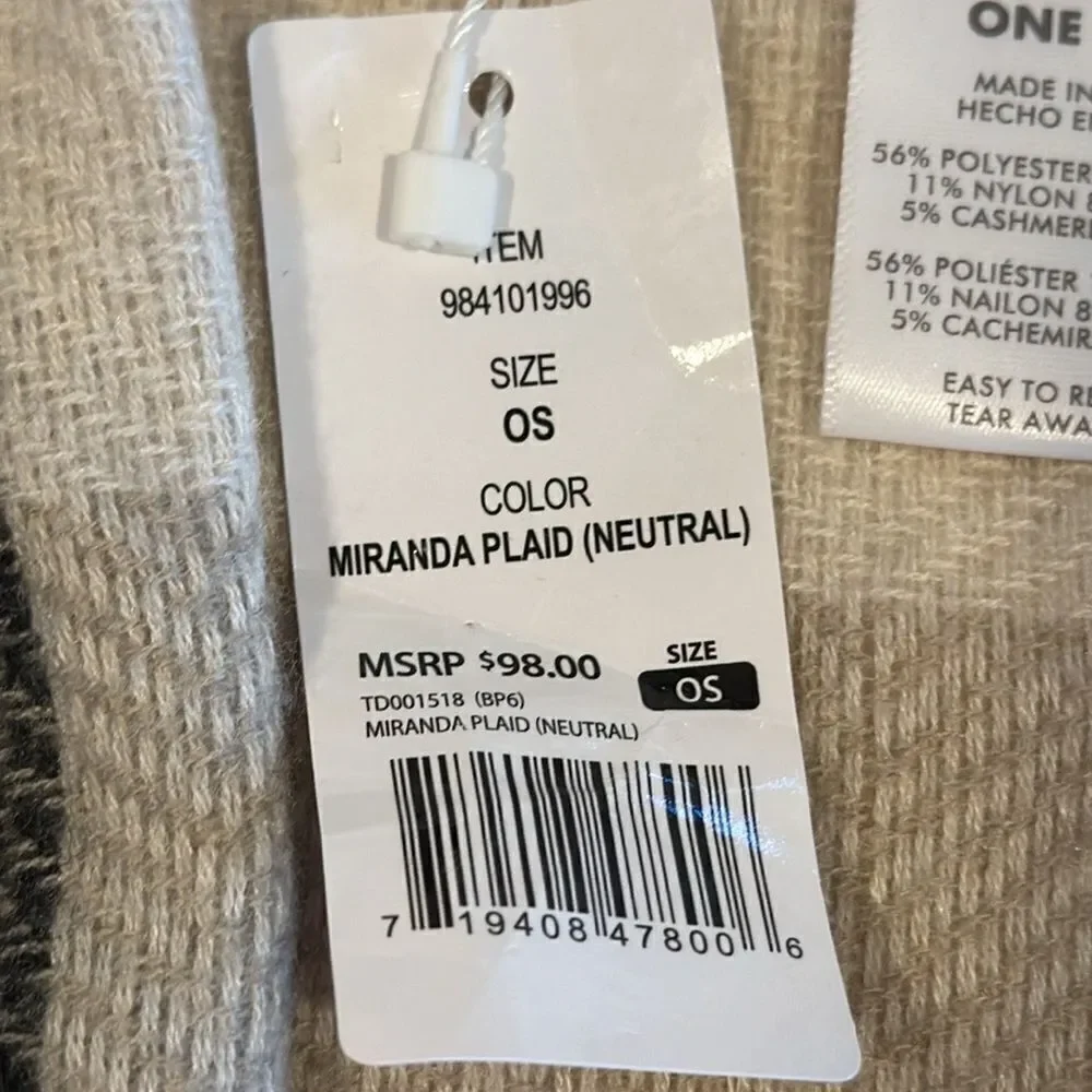 three dots Miranda Plaid Cashmere Blend Wrap OS NWT